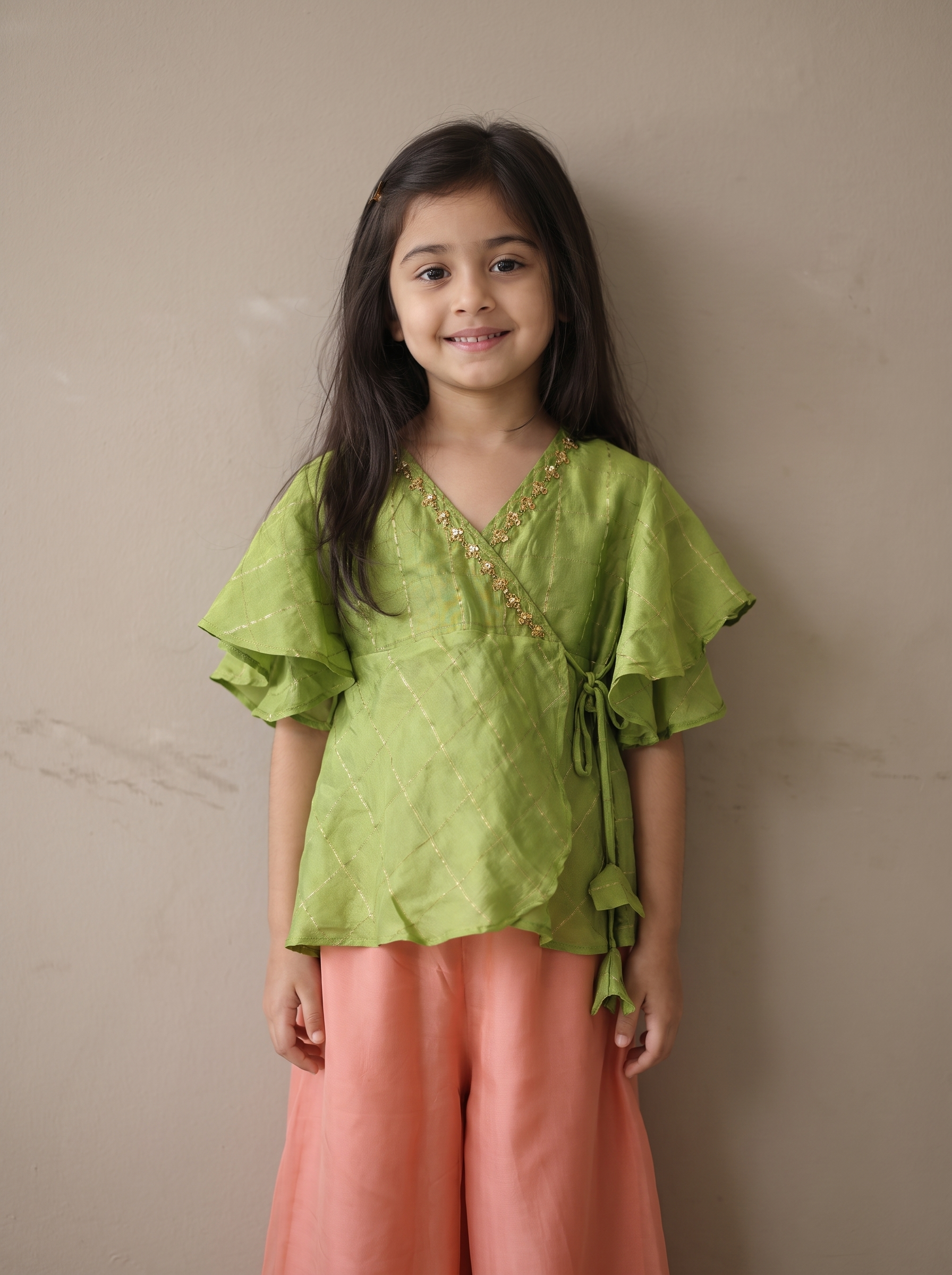 Green ruffle with Salmon Pink palazzo