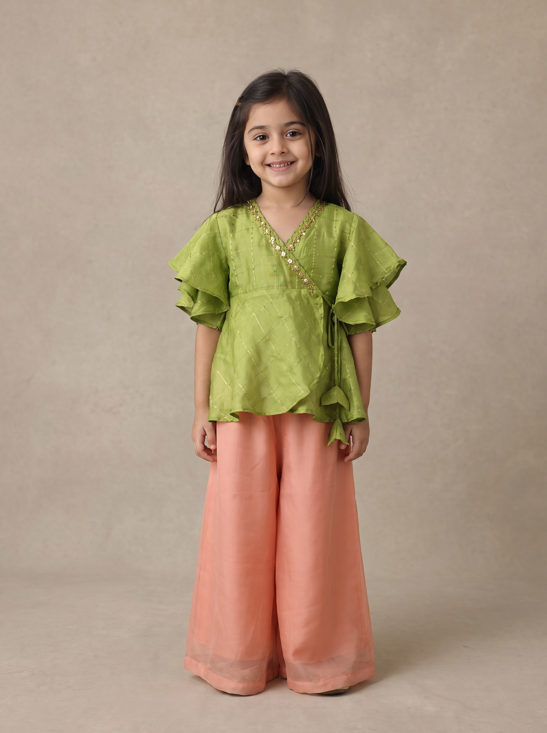 Green ruffle with Salmon Pink palazzo