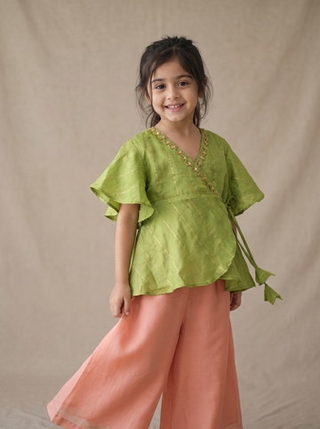 Green ruffle with Salmon Pink palazzo