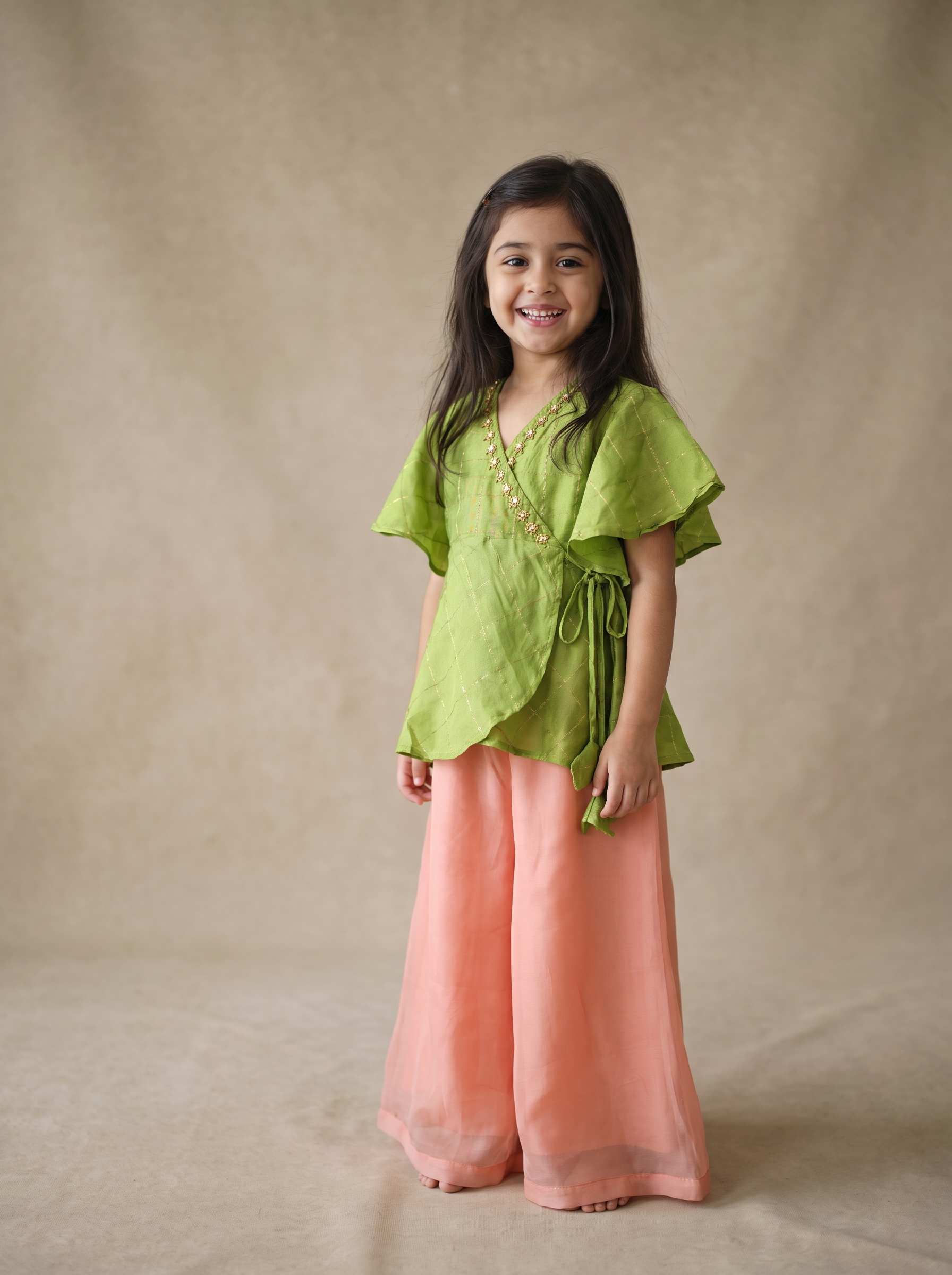 Green ruffle with Salmon Pink palazzo