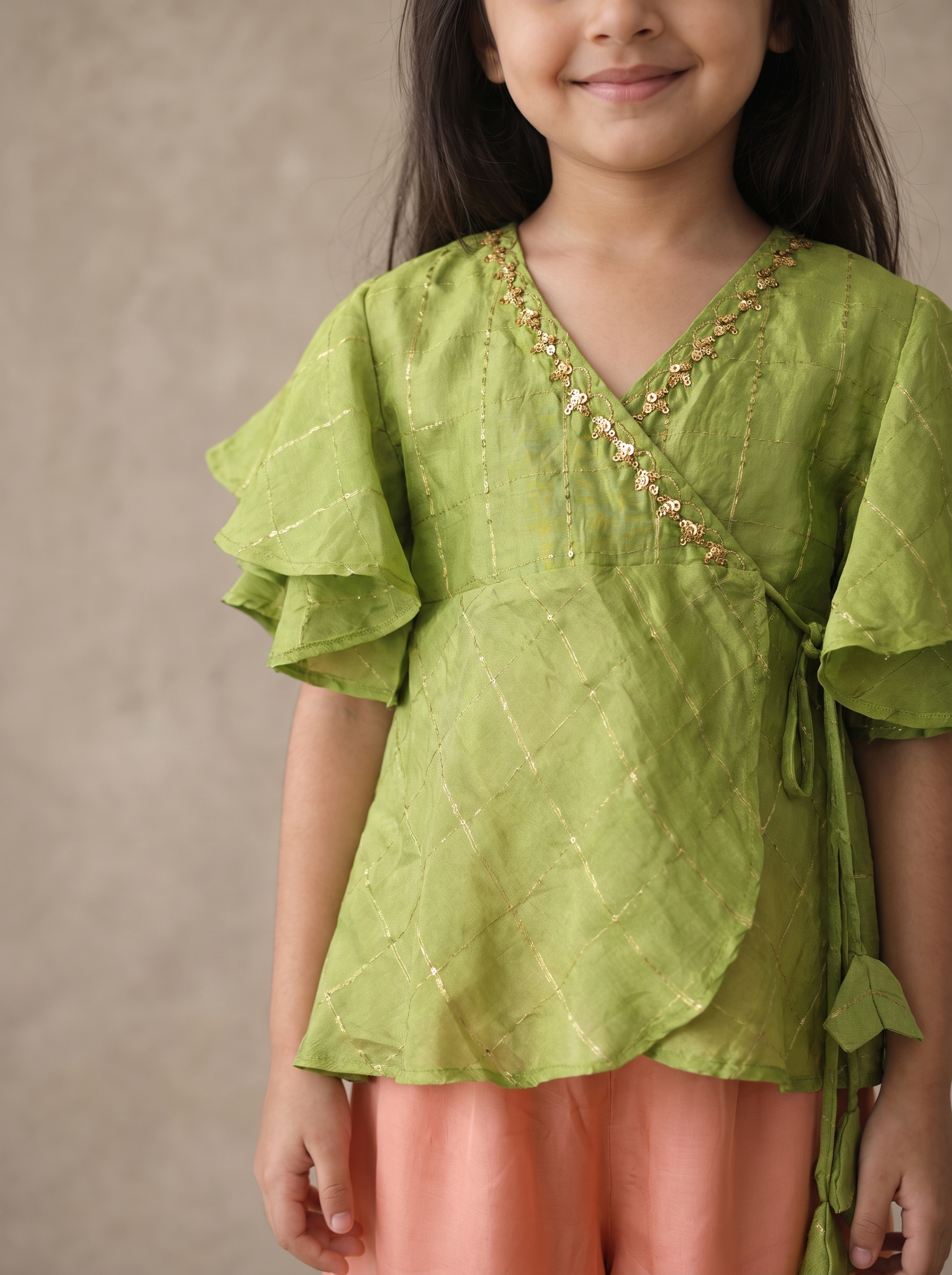 Green ruffle with Salmon Pink palazzo