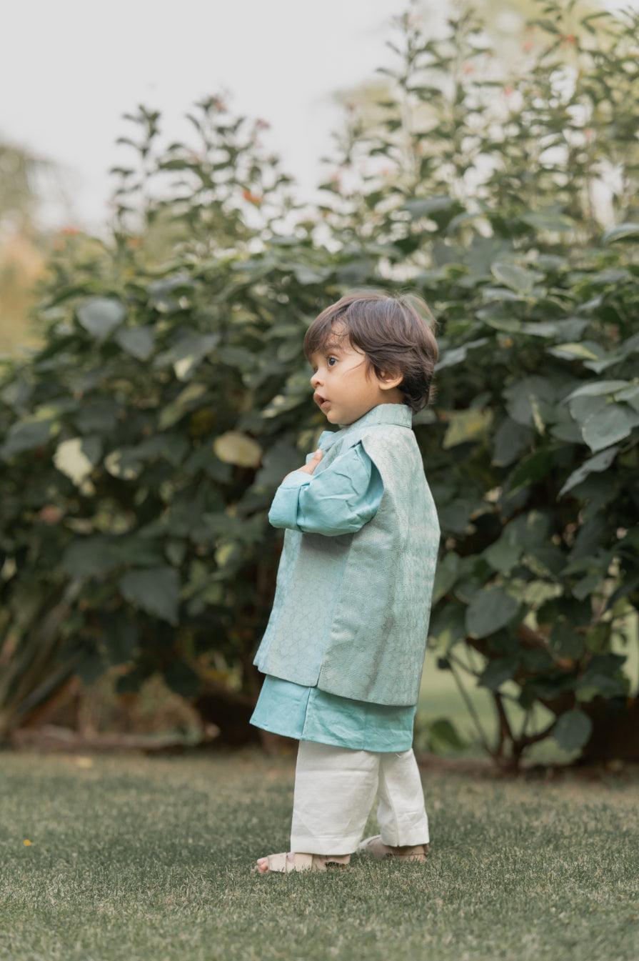 Teal Blue Koti With Kurta And Pants - thekansha