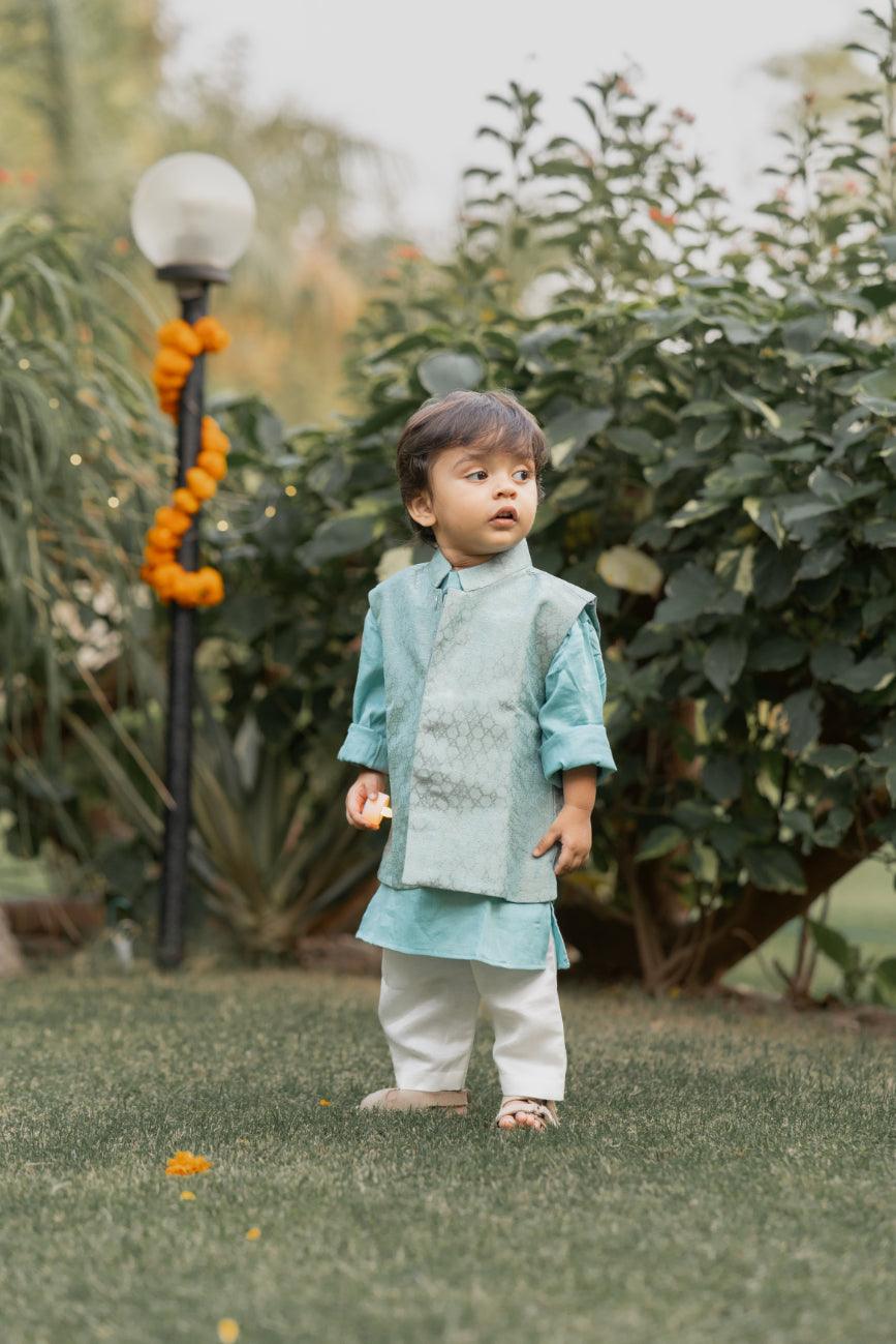Teal Blue Koti With Kurta And Pants - thekansha