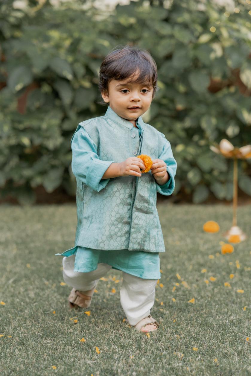Teal Blue Koti With Kurta And Pants - thekansha