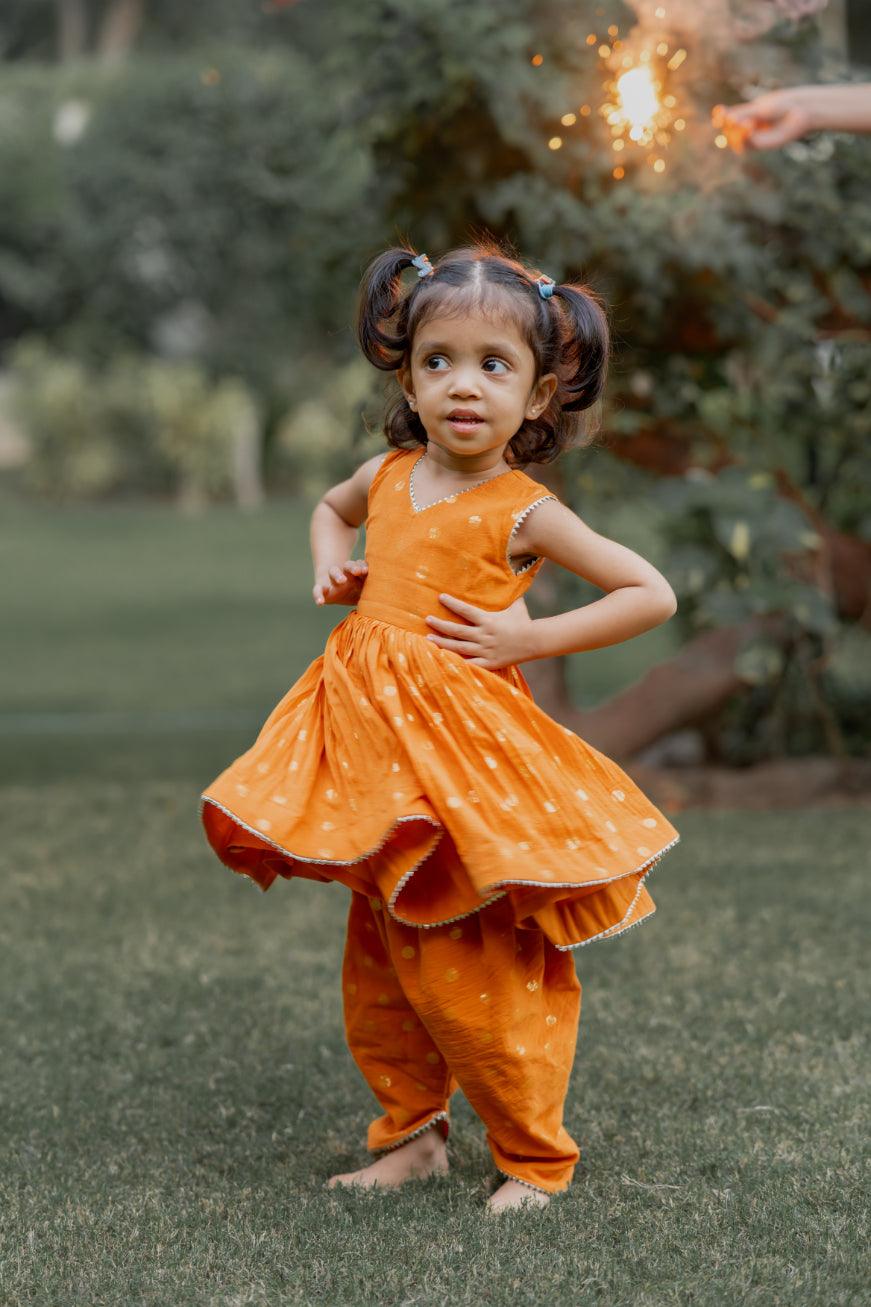 Orange Pletaed Top With Dhoti Pants - thekansha