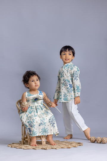 Blue And White Floral Kurta And Dress - Twinning Set