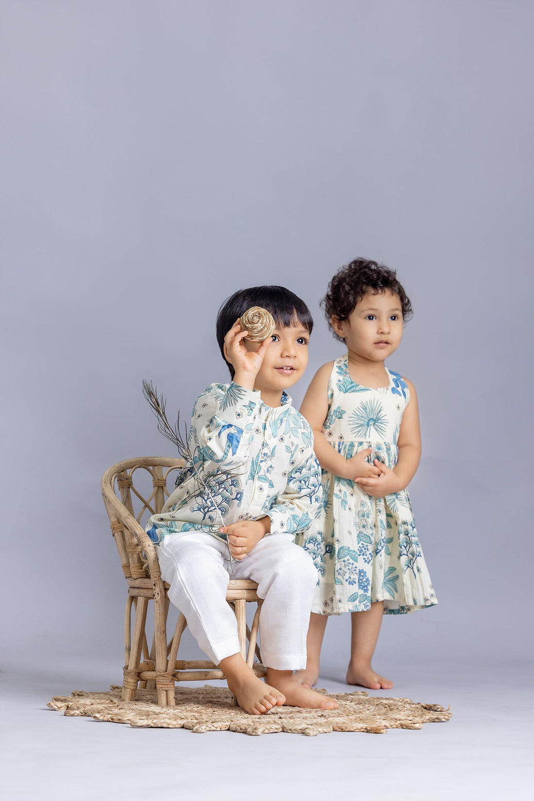 Blue And White Floral Kurta And Dress - Twinning Set