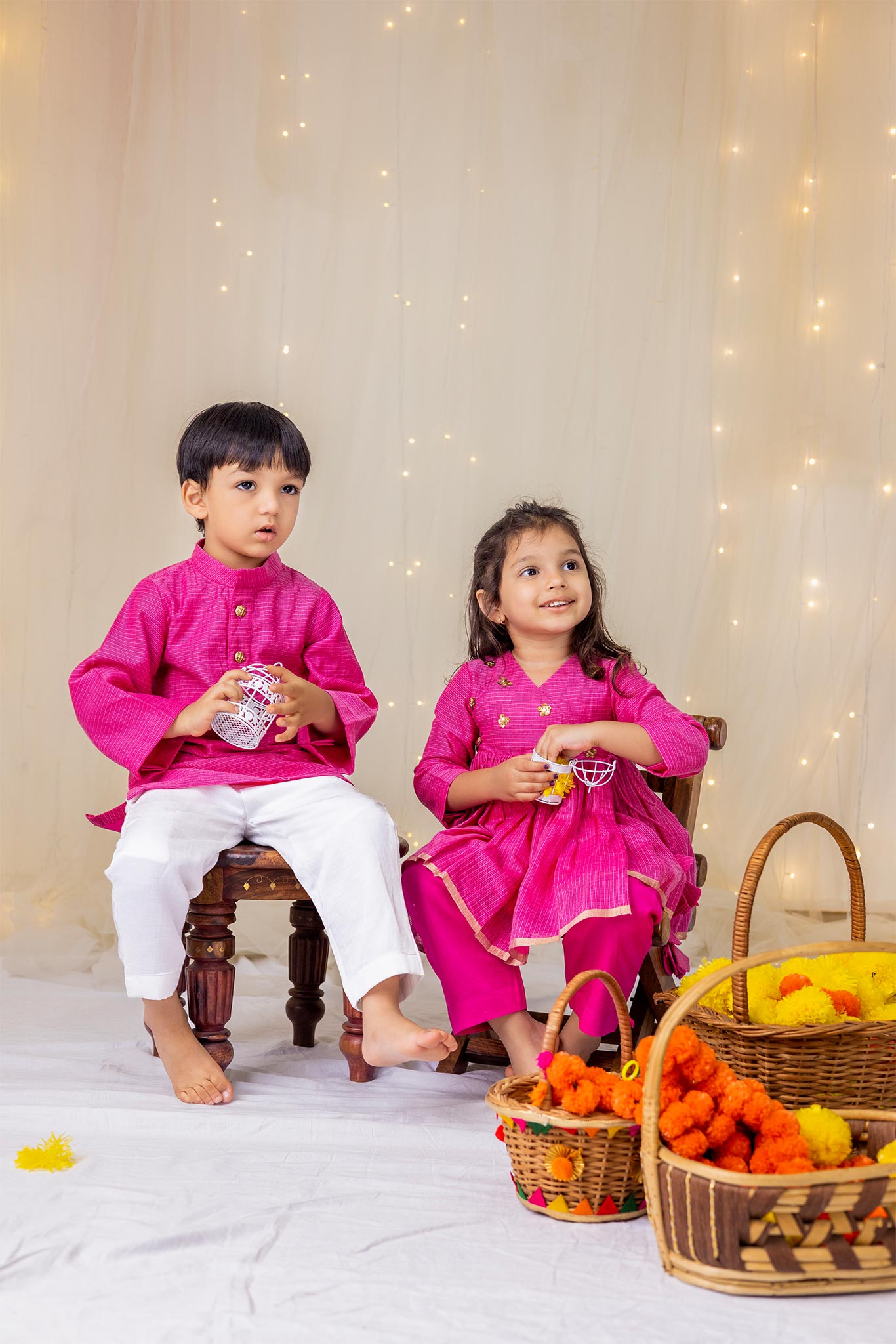 Hot Pink Angarakha Top Pant Set And Kurta Set - Twinning Set