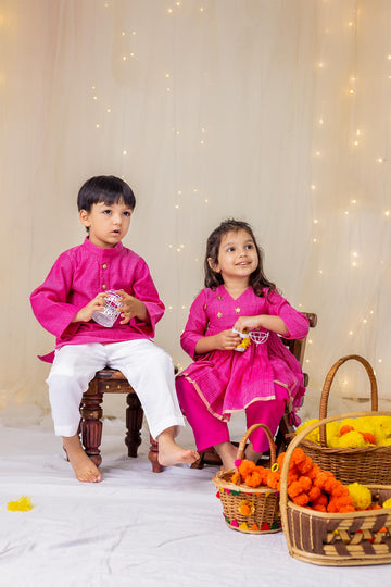 Hot Pink Angarakha Top Pant Set And Kurta Set - Twinning Set