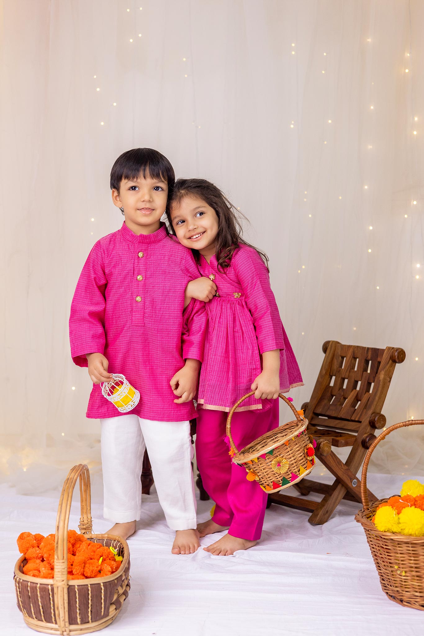 Hot Pink Angarakha Top Pant Set And Kurta Set - Twinning Set