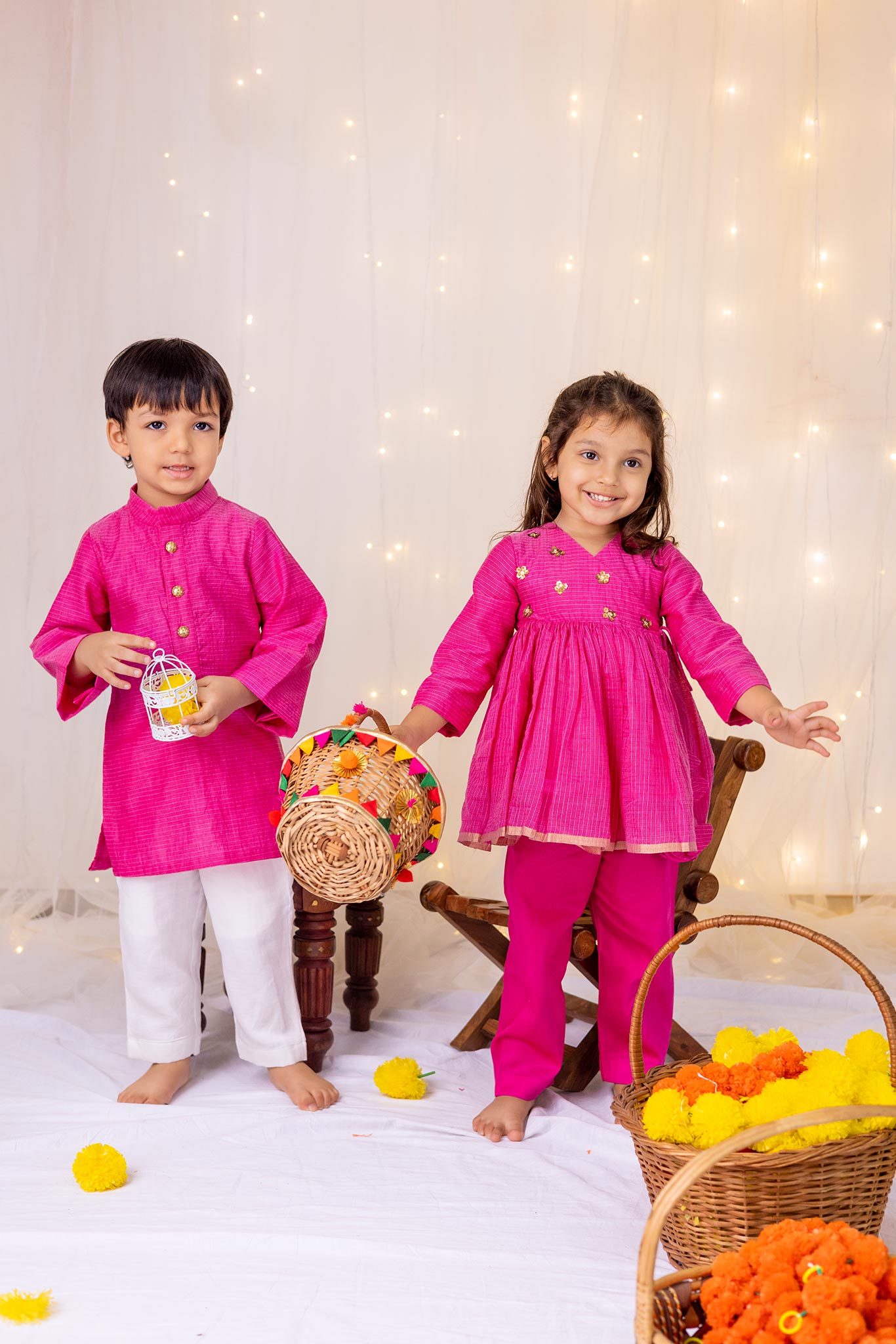 Hot Pink Angarakha Top Pant Set And Kurta Set - Twinning Set